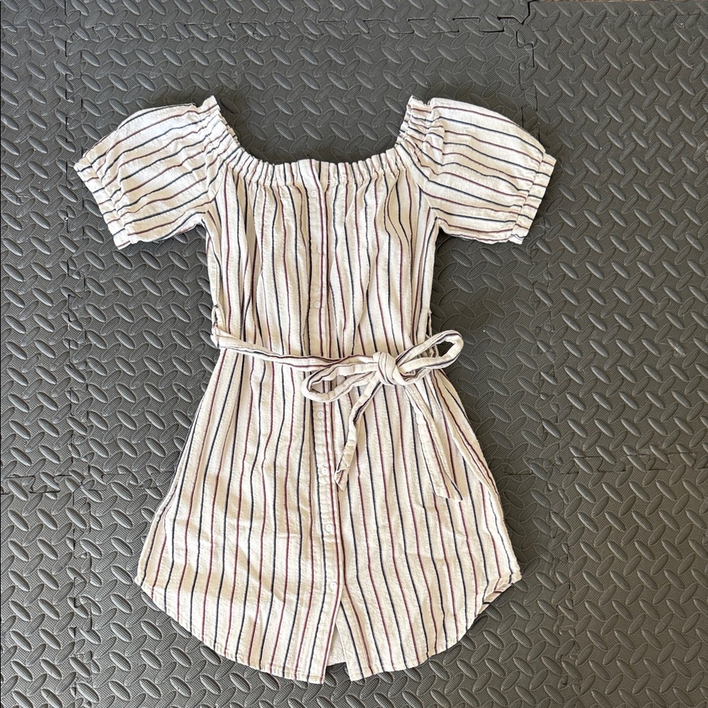 Striped Off-Shoulder Button Front Dress with Tie Belt